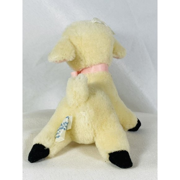 R Dakin Wool Pile Lamb 3.5” Mini Plush Ornament Sheep With Pink Bow Vintage - Picture 3 of 10